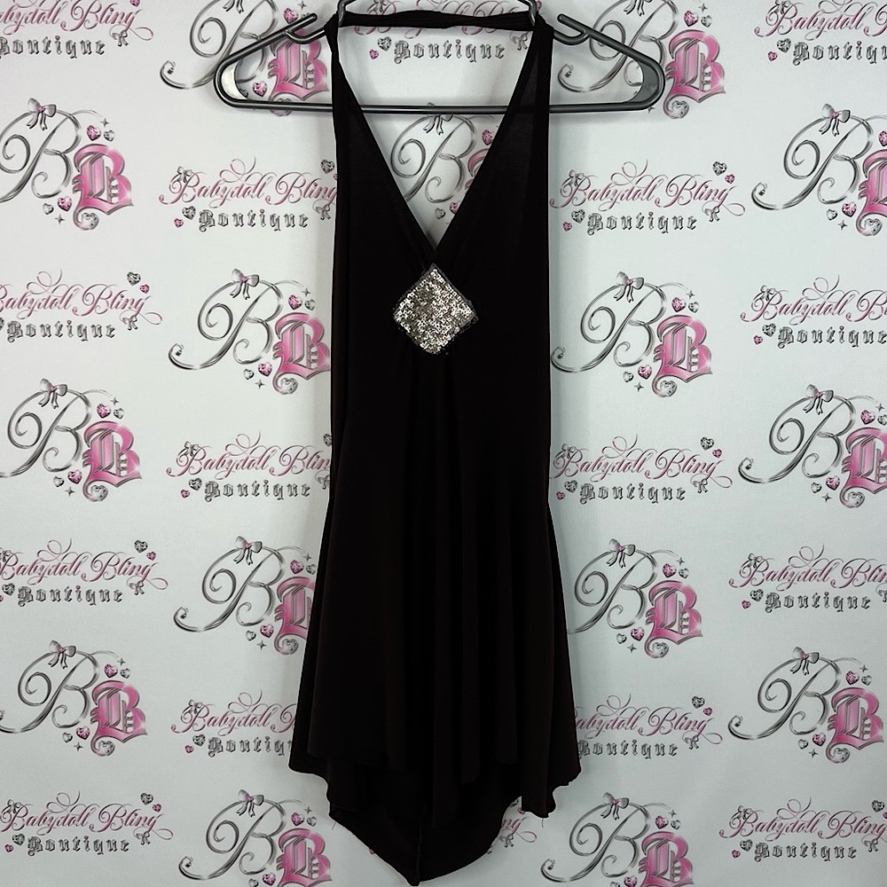 Moa Moa dress club wear y2k halter sequins  Backless Dress with Silver Detail